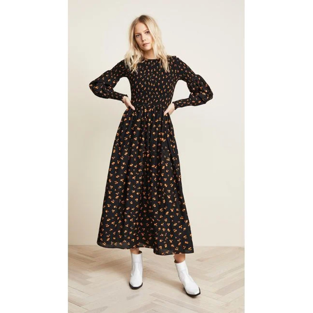 Ganni Black Floral Viscose Georgette Smocked Midi Dress - 40